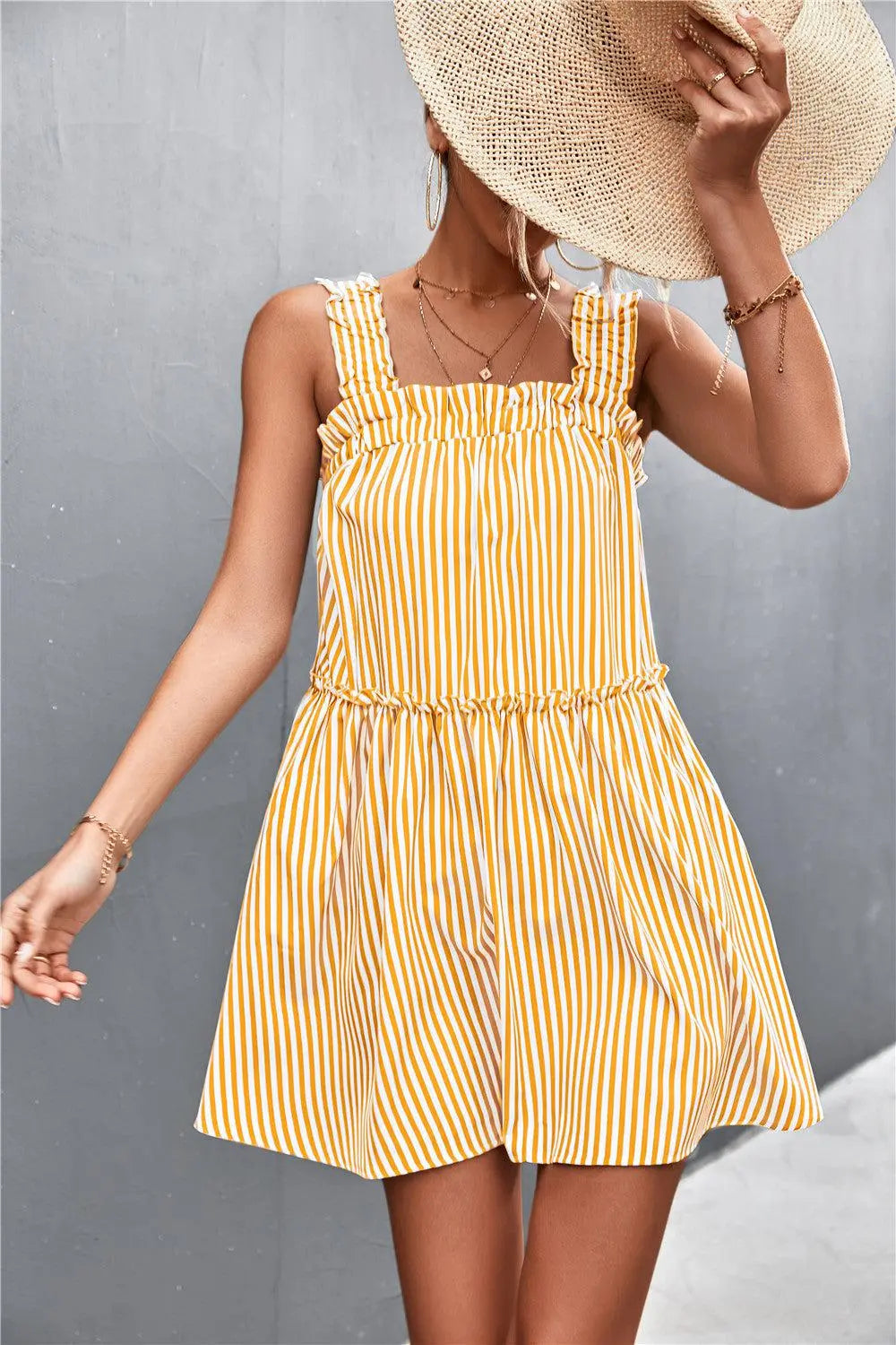 Striped Frill Trim Square Neck Dress BLUE ZONE PLANET
