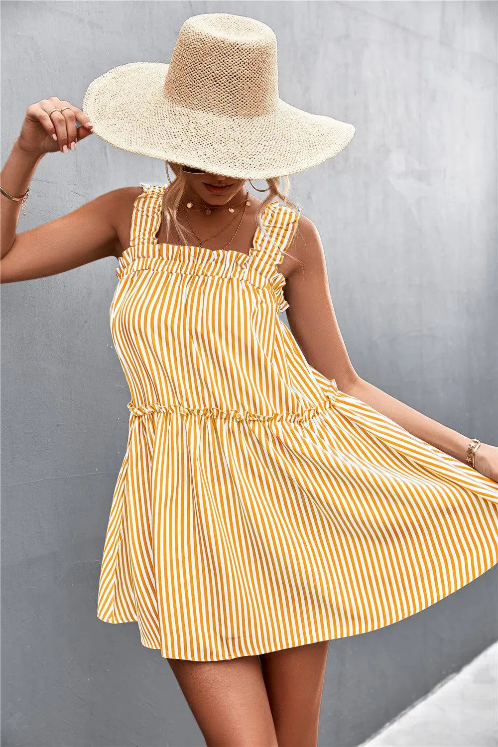 Striped Frill Trim Square Neck Dress BLUE ZONE PLANET
