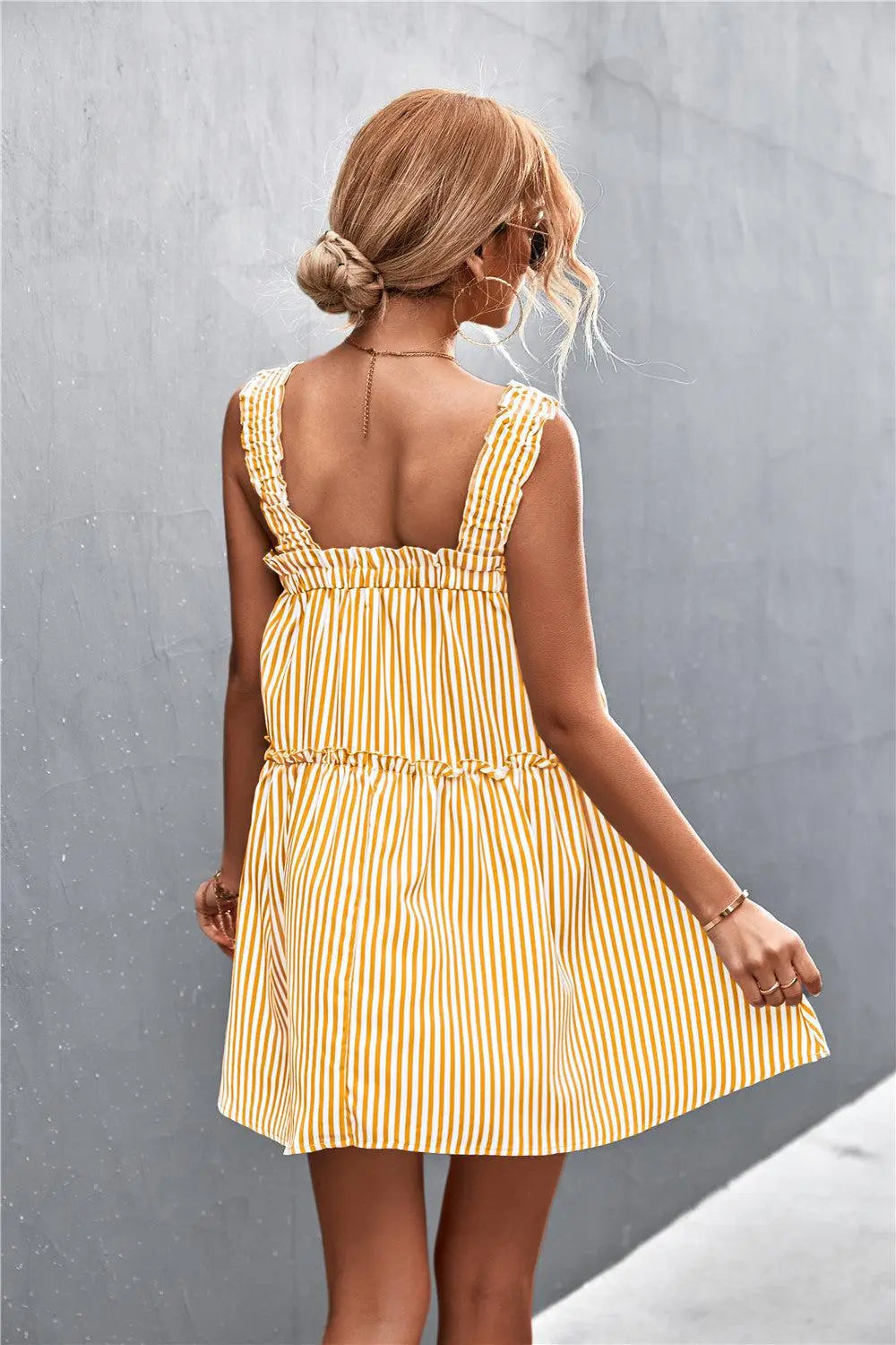 Striped Frill Trim Square Neck Dress BLUE ZONE PLANET
