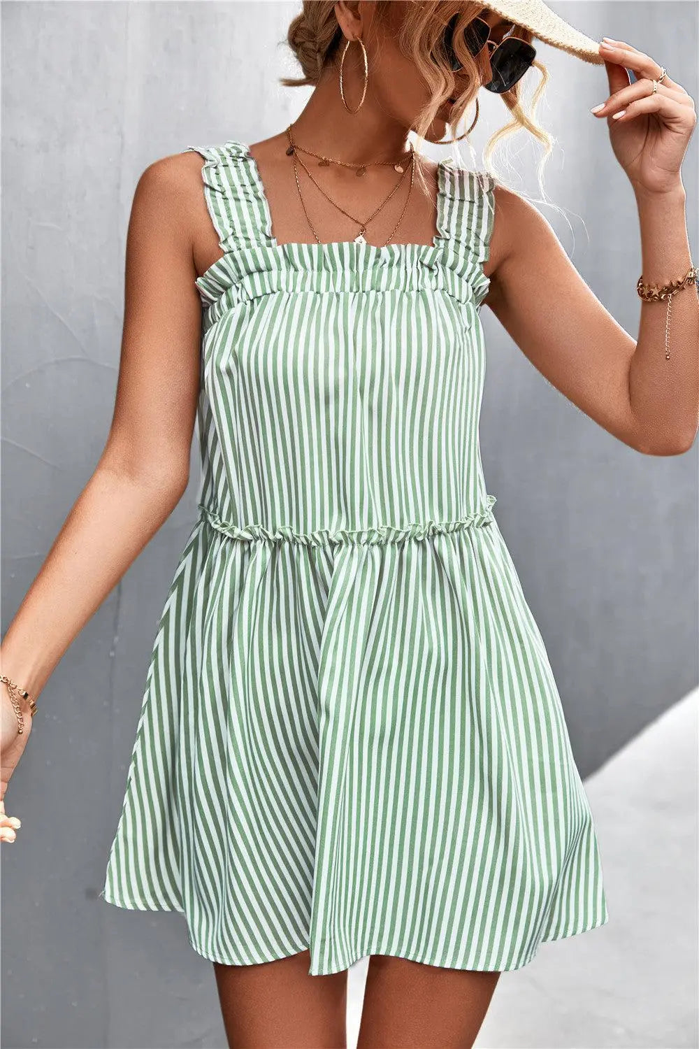 Striped Frill Trim Square Neck Dress BLUE ZONE PLANET