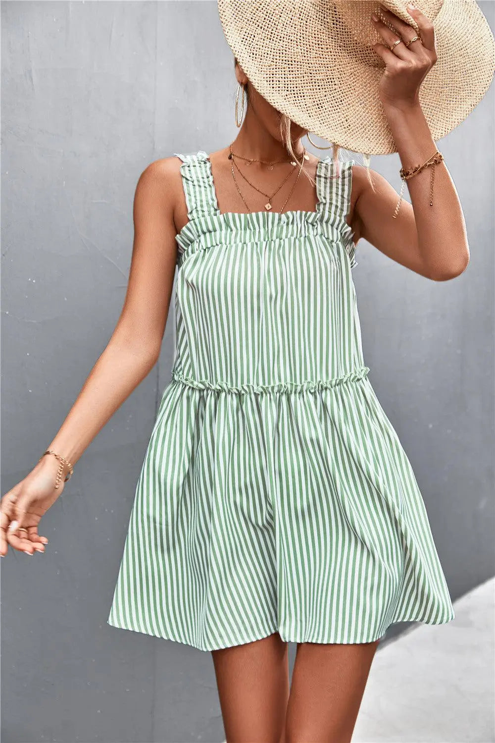 Striped Frill Trim Square Neck Dress BLUE ZONE PLANET