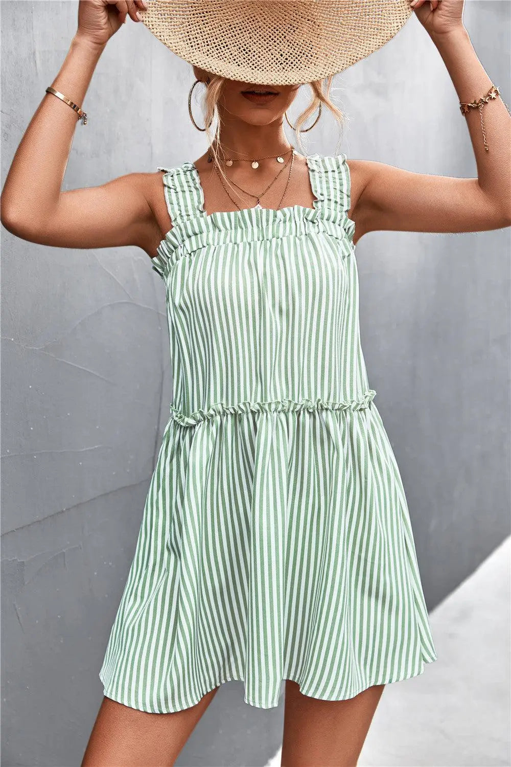 Striped Frill Trim Square Neck Dress BLUE ZONE PLANET