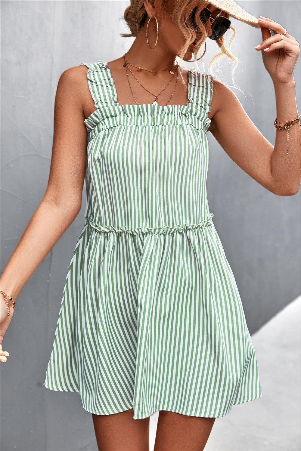 Striped Frill Trim Square Neck Dress-TOPS / DRESSES-[Adult]-[Female]-2022 Online Blue Zone Planet