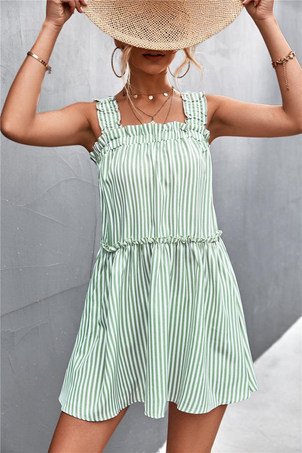 Striped Frill Trim Square Neck Dress-TOPS / DRESSES-[Adult]-[Female]-2022 Online Blue Zone Planet