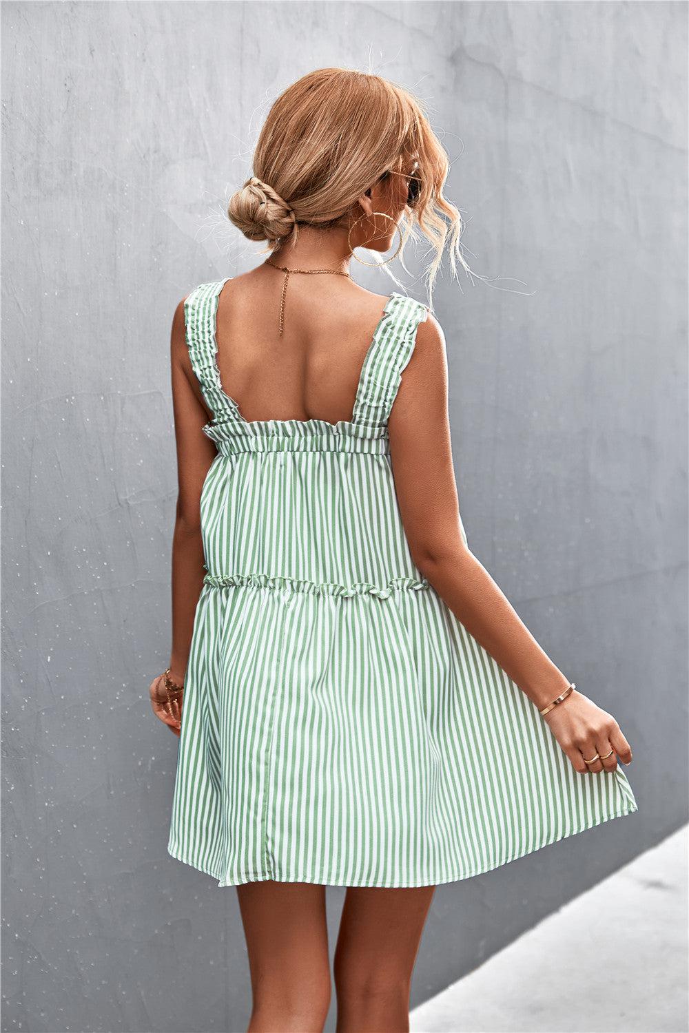 Striped Frill Trim Square Neck Dress-TOPS / DRESSES-[Adult]-[Female]-2022 Online Blue Zone Planet