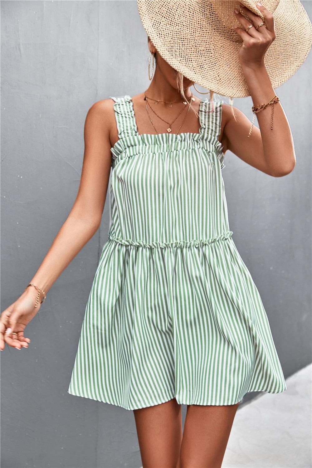 Striped Frill Trim Square Neck Dress-TOPS / DRESSES-[Adult]-[Female]-Gum Leaf-S-2022 Online Blue Zone Planet