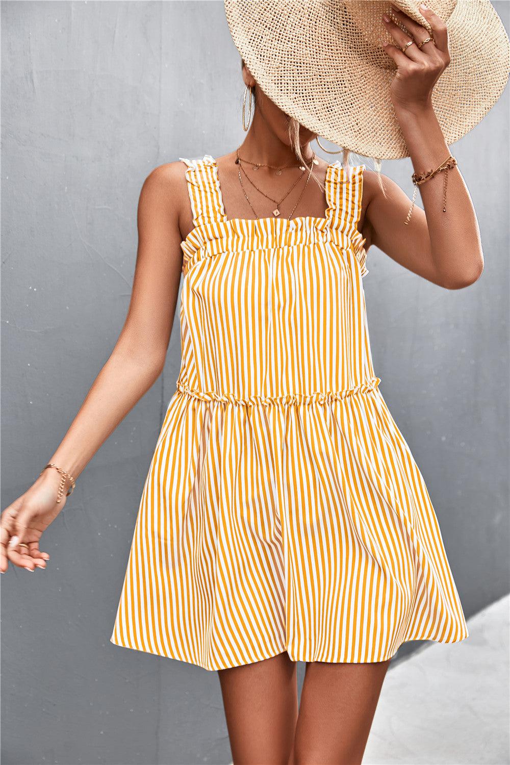 Striped Frill Trim Square Neck Dress-TOPS / DRESSES-[Adult]-[Female]-Sherbet-S-2022 Online Blue Zone Planet