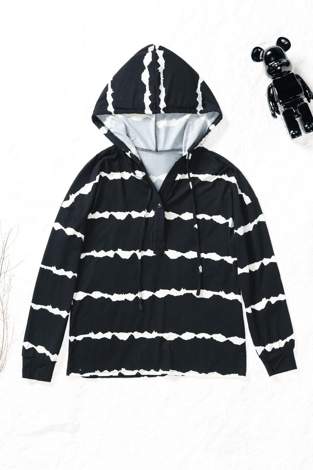 Striped Half-Button Drawstring Hoodie-Tops / Dresses-[Adult]-[Female]-Black-S-2022 Online Blue Zone Planet