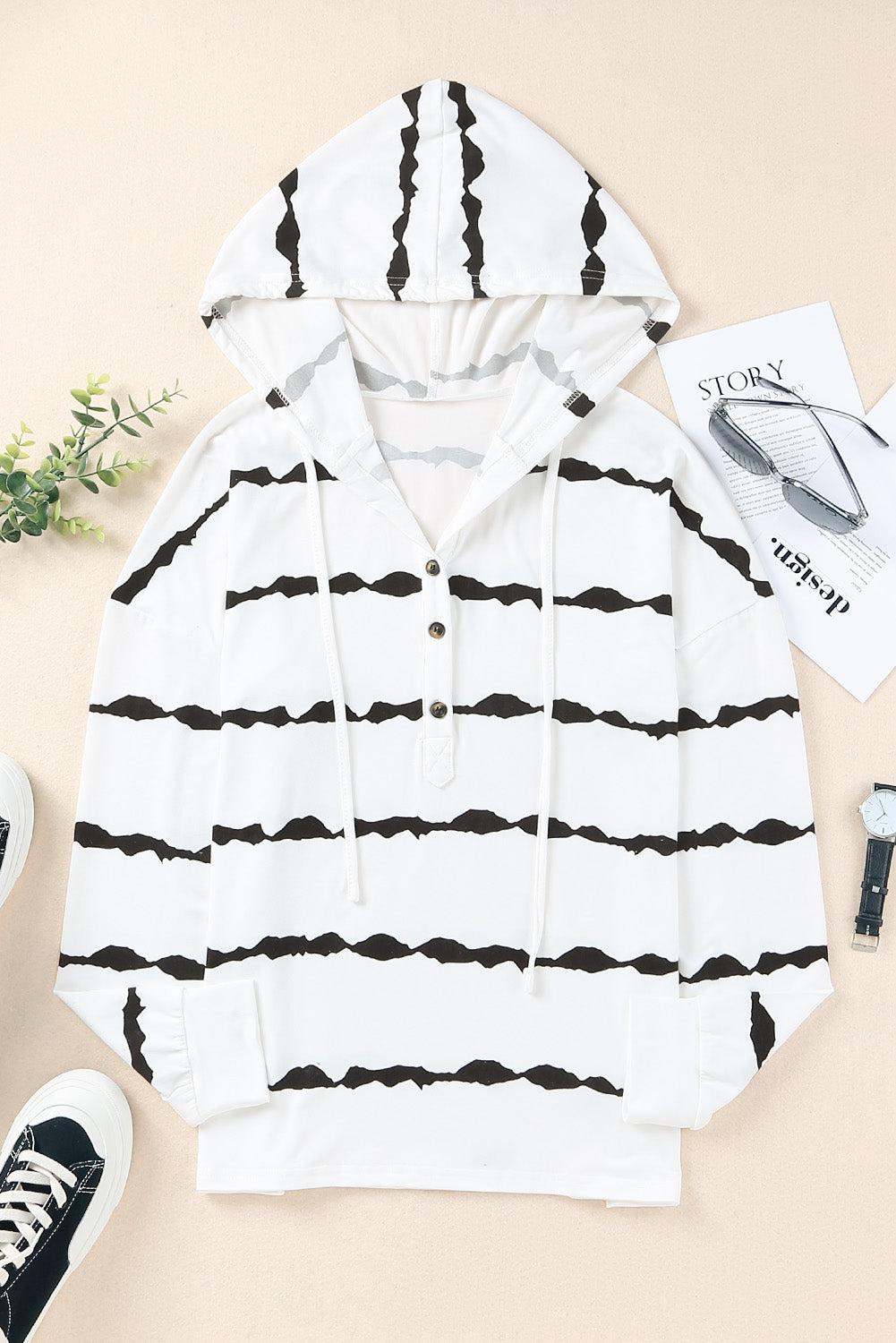 Striped Half-Button Drawstring Hoodie-Tops / Dresses-[Adult]-[Female]-White-S-2022 Online Blue Zone Planet