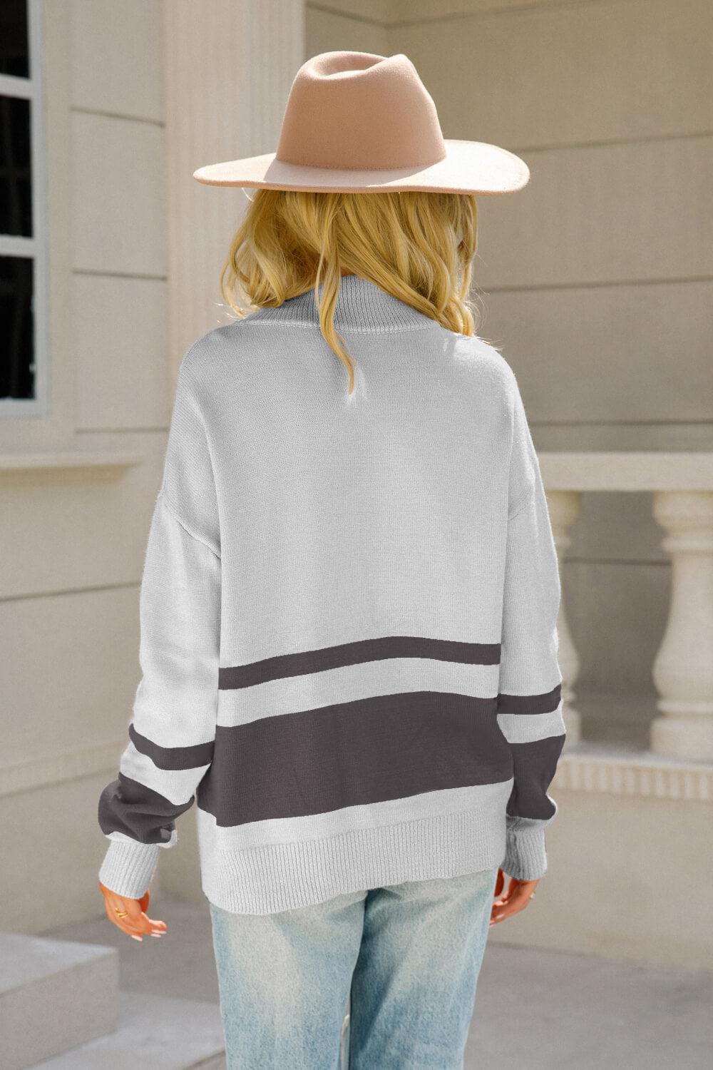 Striped Half-Zip Collared Sweater-TOPS / DRESSES-[Adult]-[Female]-Blue Zone Planet