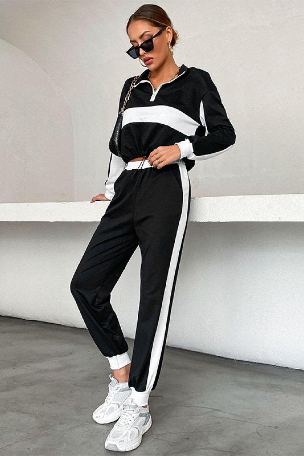 Striped Half Zip Cropped Sweatshirt and Joggers Set-TOPS / DRESSES-[Adult]-[Female]-Blue Zone Planet
