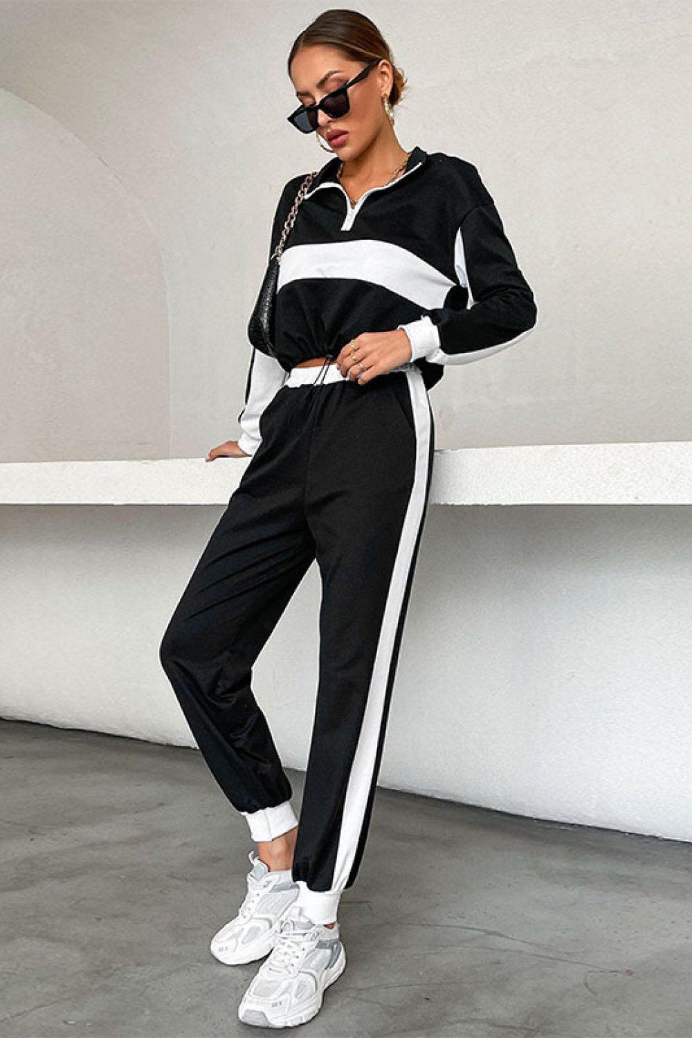 Striped Half Zip Cropped Sweatshirt and Joggers Set BLUE ZONE PLANET