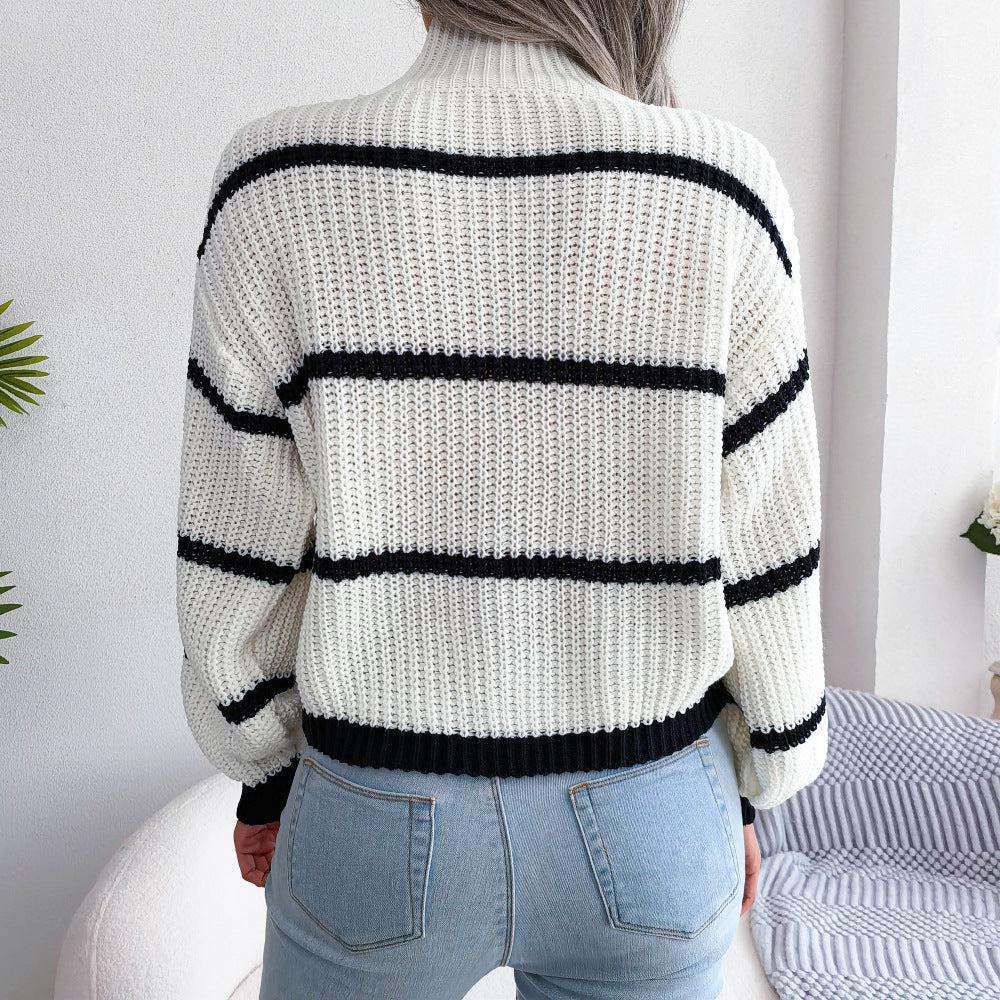 Striped High Neck Rib-Knit Lantern Sleeve Sweater BLUE ZONE PLANET