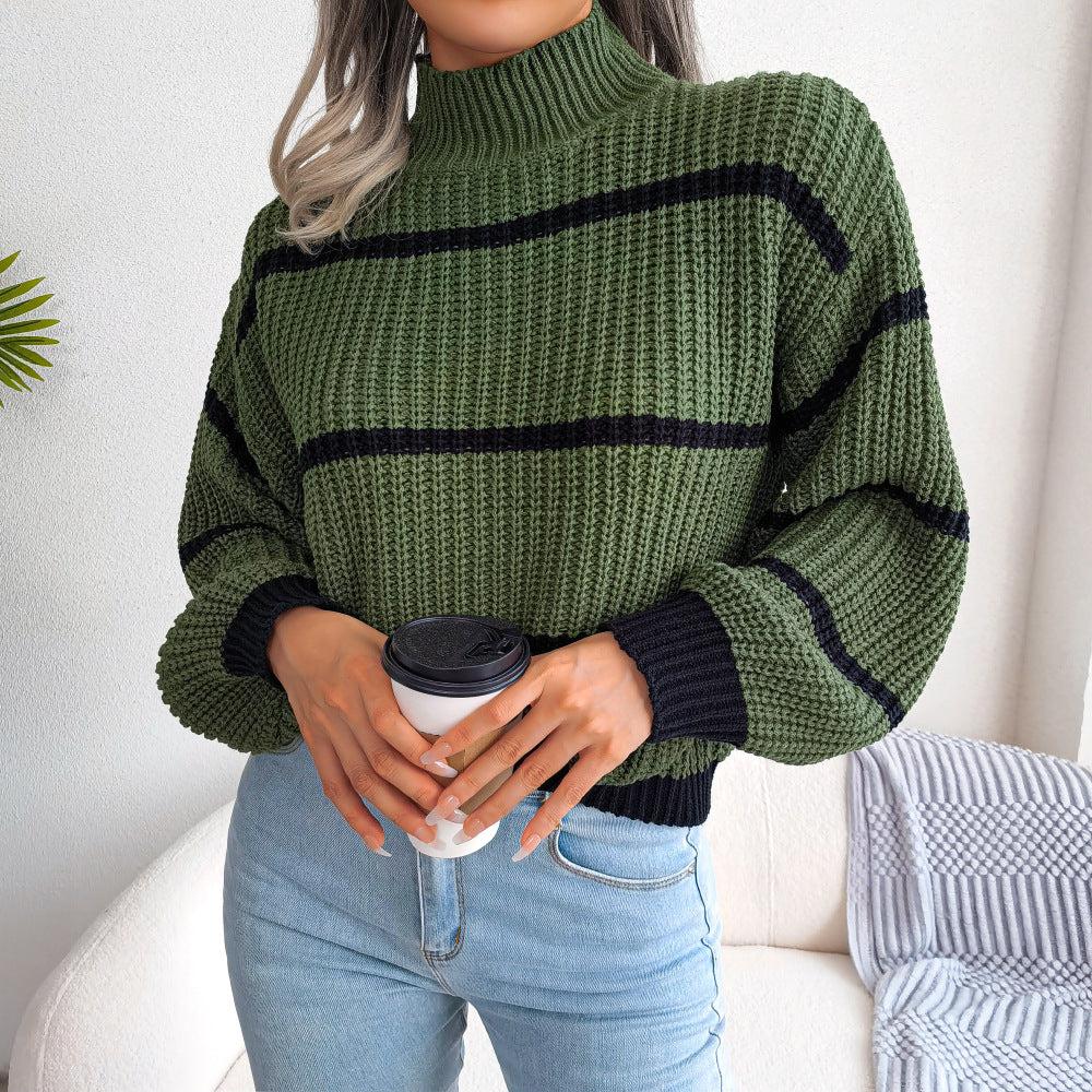 Striped High Neck Rib-Knit Lantern Sleeve Sweater - Blue Zone Planet