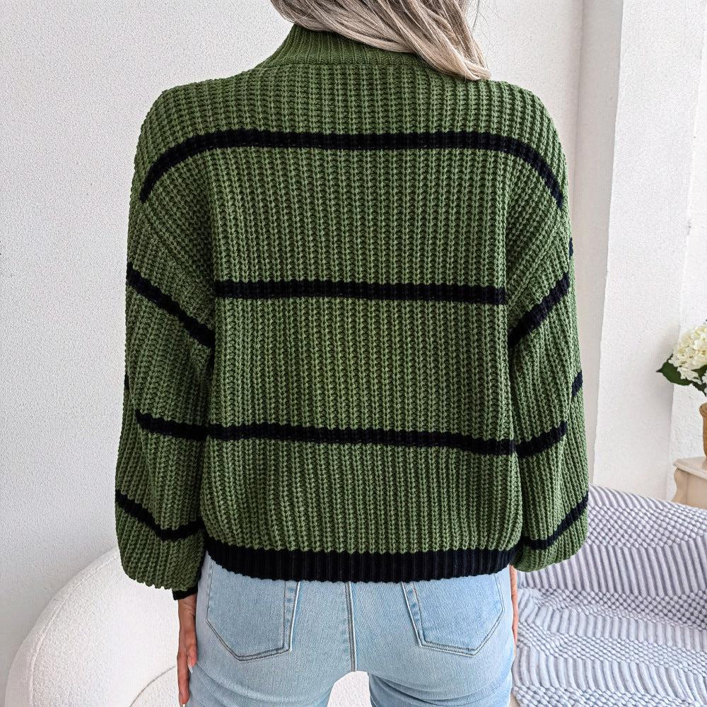 Striped High Neck Rib-Knit Lantern Sleeve Sweater BLUE ZONE PLANET