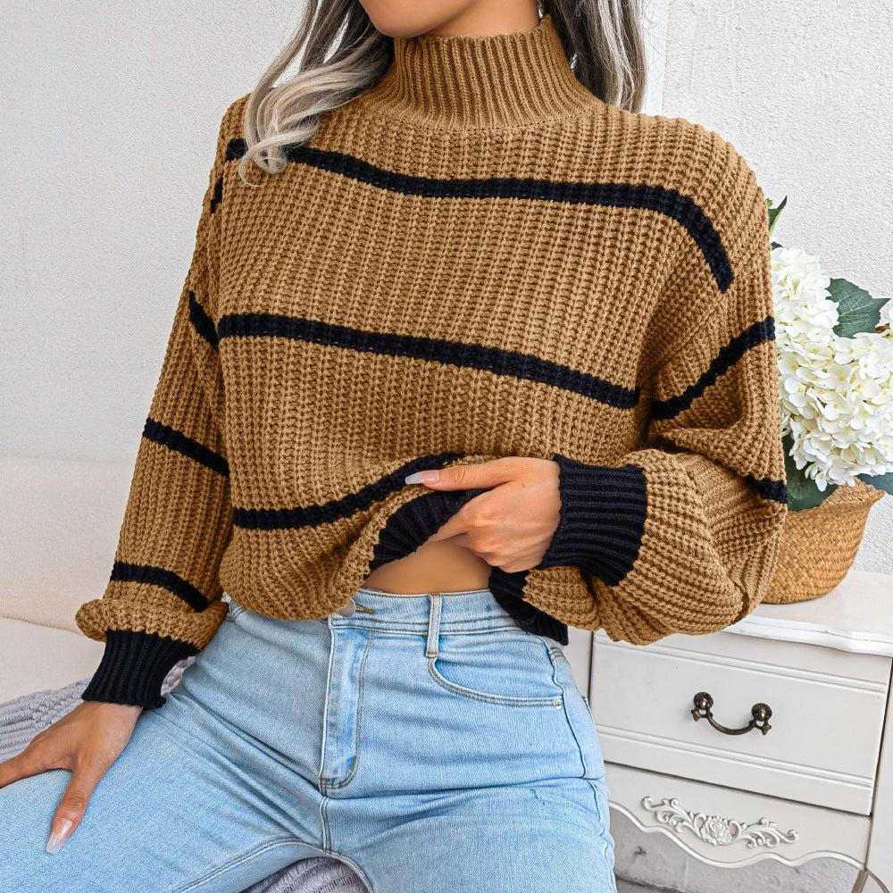 Striped High Neck Rib-Knit Lantern Sleeve Sweater BLUE ZONE PLANET