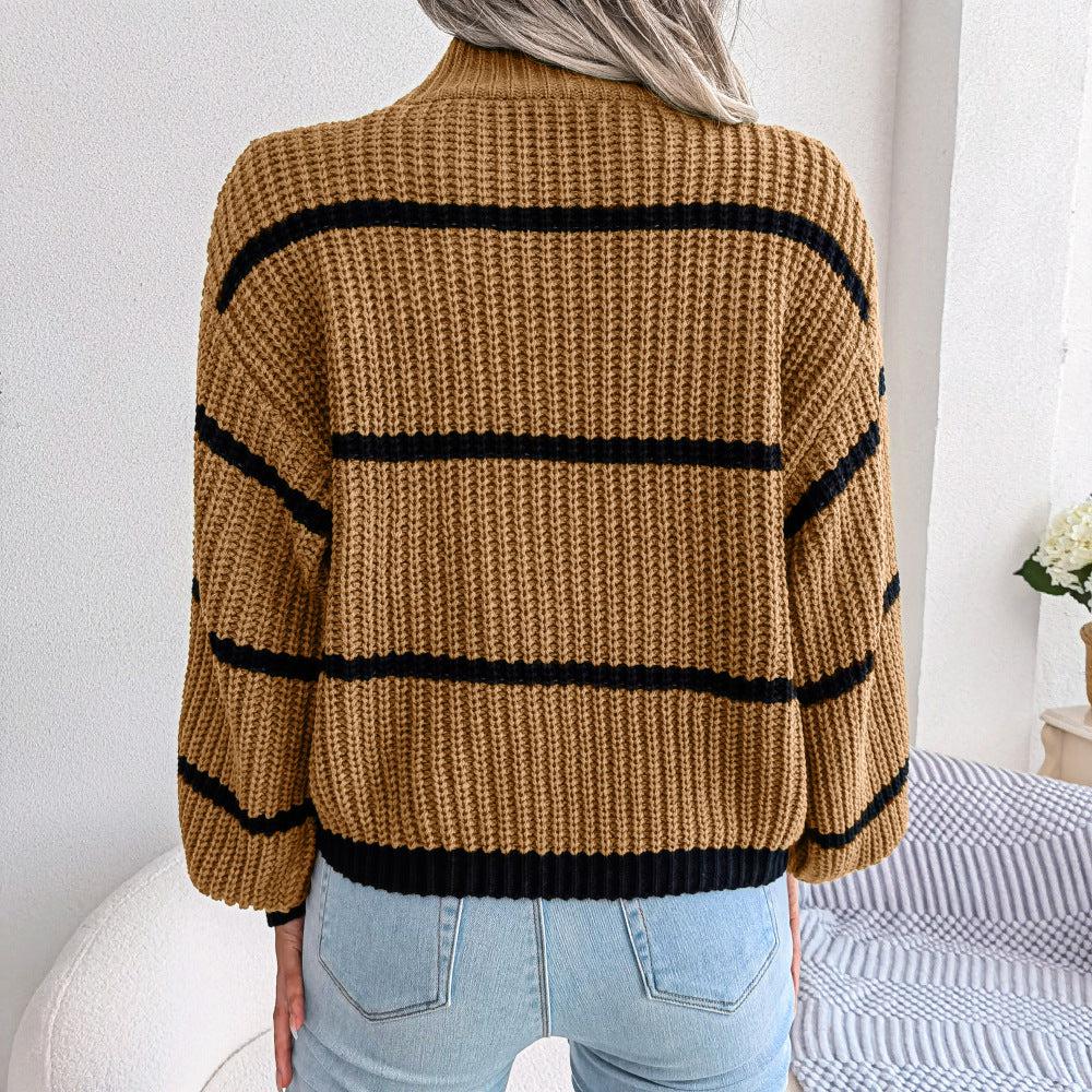 Striped High Neck Rib-Knit Lantern Sleeve Sweater BLUE ZONE PLANET