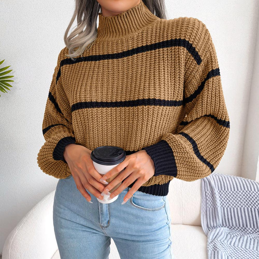 Striped High Neck Rib-Knit Lantern Sleeve Sweater BLUE ZONE PLANET