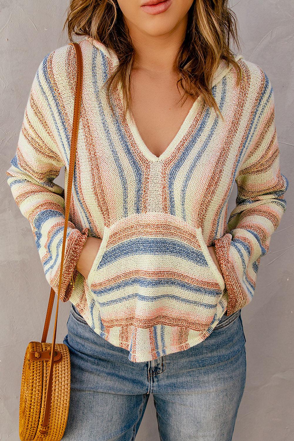 Striped Hooded Sweater with Kangaroo Pocket BLUE ZONE PLANET
