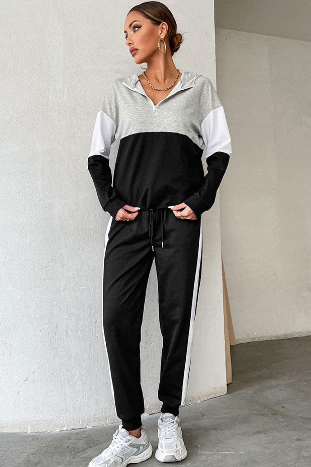 Striped Hoodie and Drawstring Joggers Set-TOPS / DRESSES-[Adult]-[Female]-Black/Gray-S-Blue Zone Planet