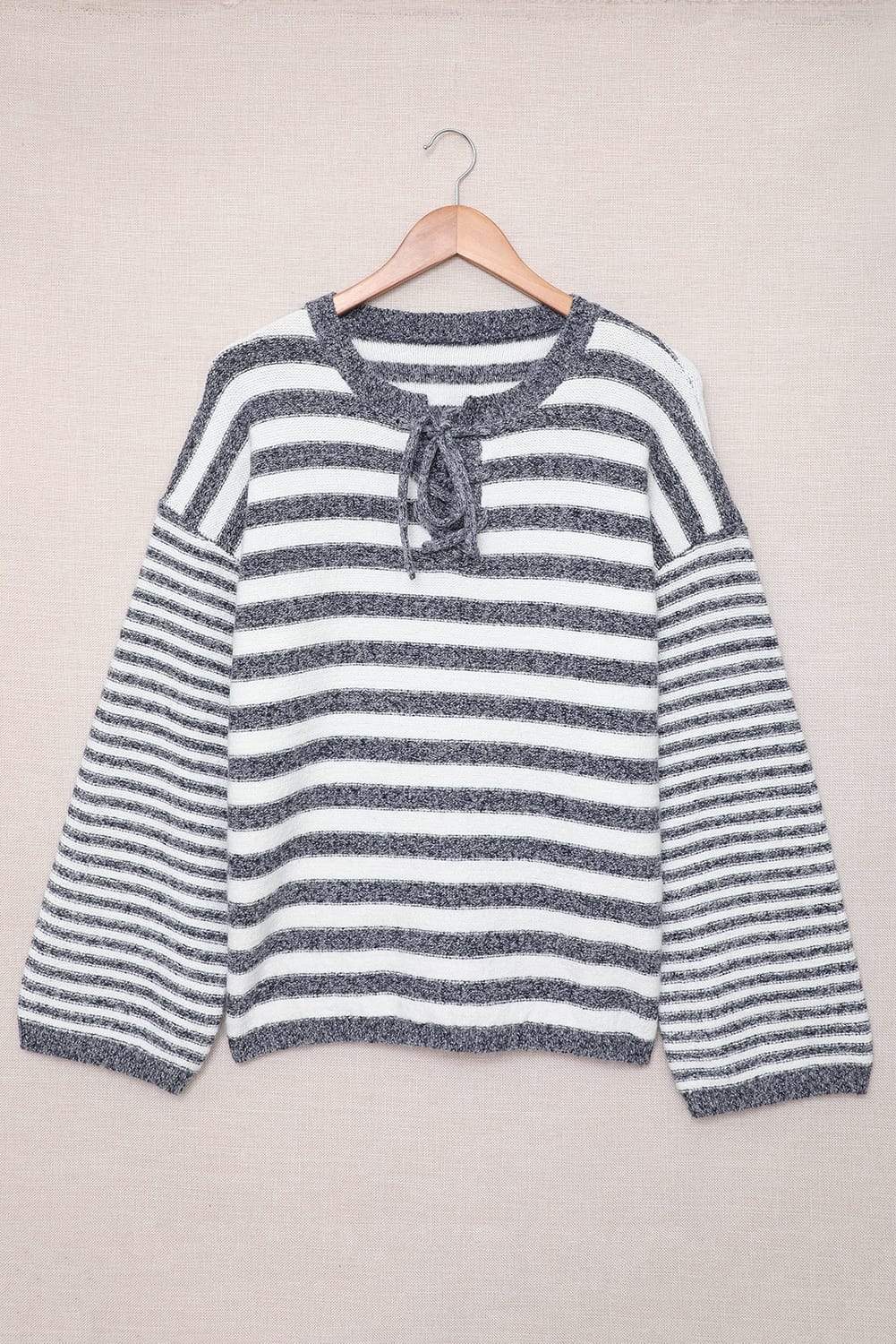 Striped Lace Up Bell Sleeve Sweater-TOPS / DRESSES-[Adult]-[Female]-Blue Stripe-S-Blue Zone Planet