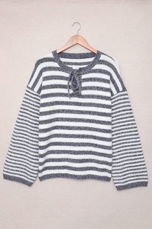 Striped Lace Up Bell Sleeve Sweater-TOPS / DRESSES-[Adult]-[Female]-Blue Stripe-S-Blue Zone Planet