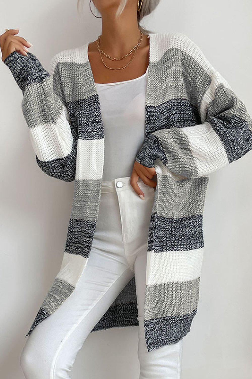 Striped Long Sleeve Duster Cardigan-NEW ARRIVALS-[Adult]-[Female]-Blue Zone Planet