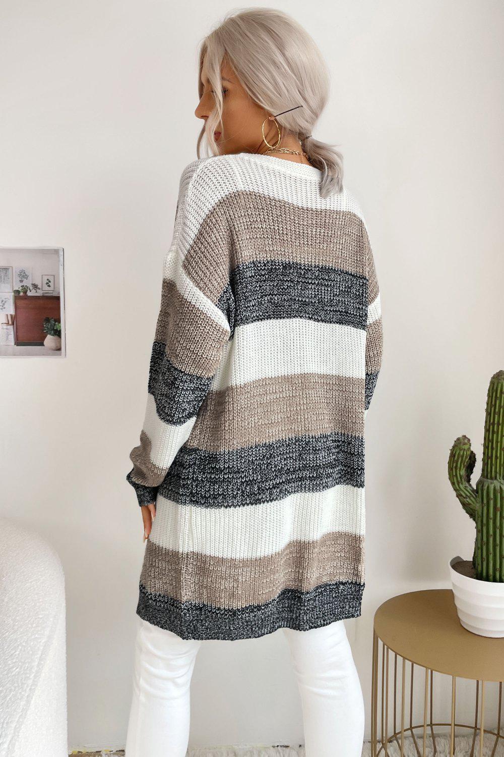 Striped Long Sleeve Duster Cardigan-NEW ARRIVALS-[Adult]-[Female]-Blue Zone Planet
