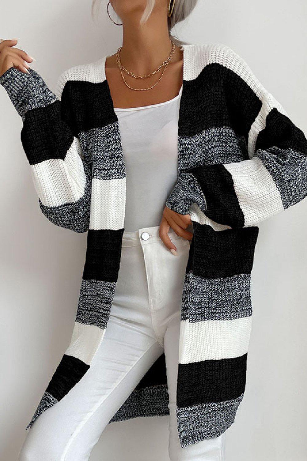 Striped Long Sleeve Duster Cardigan-NEW ARRIVALS-[Adult]-[Female]-Black/White/Dark Gray-S-Blue Zone Planet