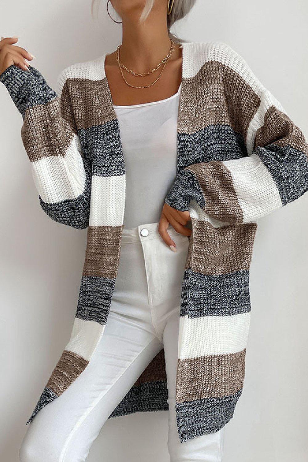 Striped Long Sleeve Duster Cardigan-NEW ARRIVALS-[Adult]-[Female]-Coffee/Dark Gray/White-S-Blue Zone Planet
