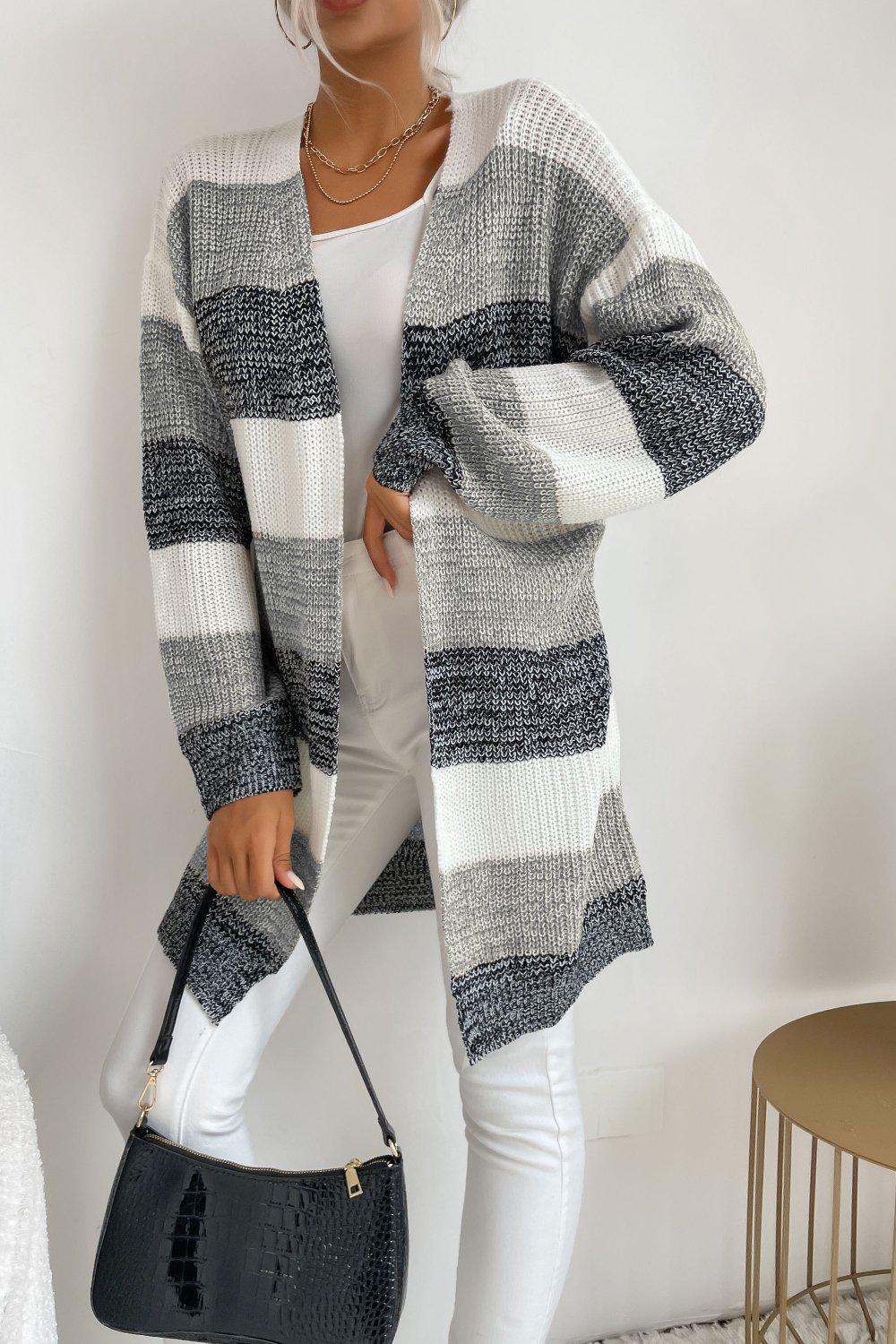 Striped Long Sleeve Duster Cardigan-NEW ARRIVALS-[Adult]-[Female]-Gray/Dark Gray/White-S-Blue Zone Planet