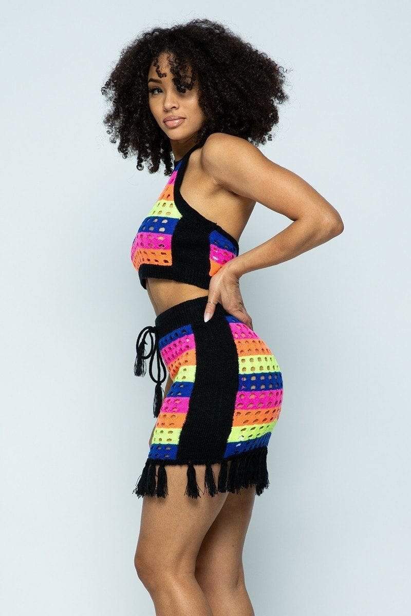 Striped Multi Color Laser Cut Cropped Halter Top / Short Skirt Knit 2 Piece Set With Tassels-TOPS / DRESSES-[Adult]-[Female]-Blue Zone Planet