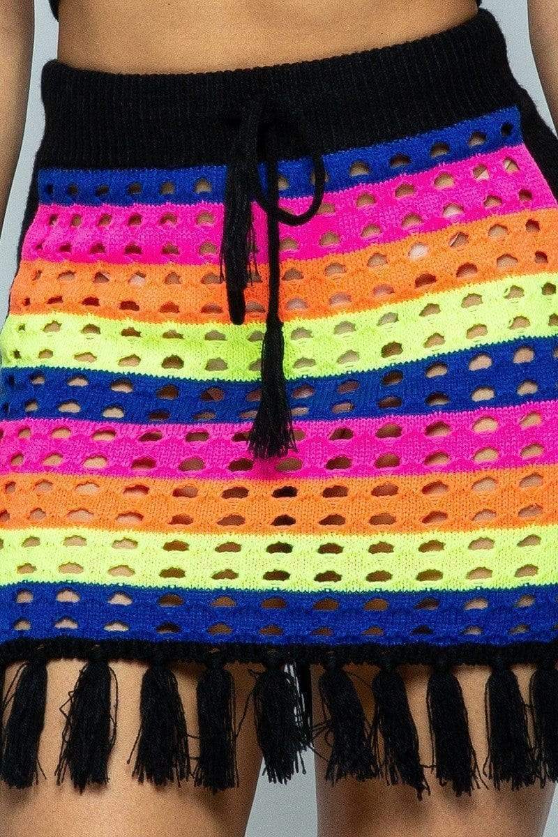 Striped Multi Color Laser Cut Cropped Halter Top / Short Skirt Knit 2 Piece Set With Tassels-TOPS / DRESSES-[Adult]-[Female]-Blue Zone Planet