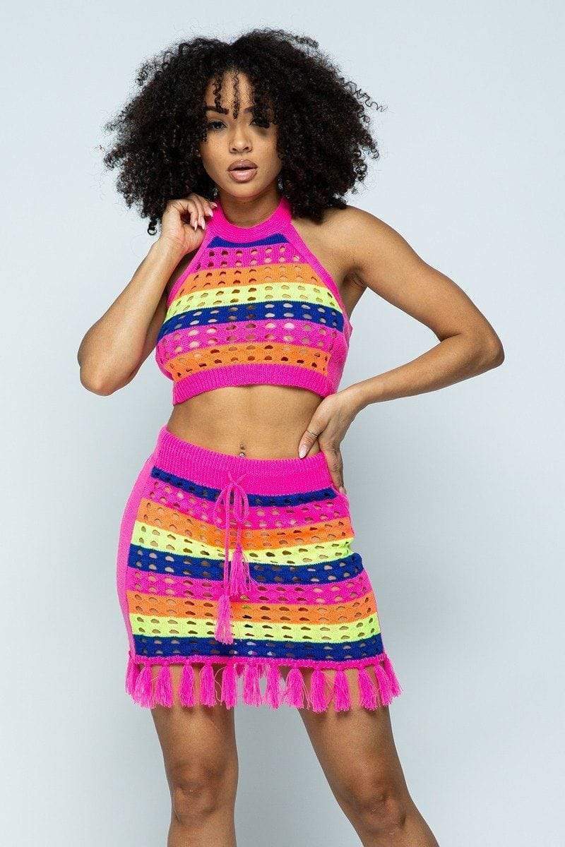 Striped Multi Color Laser Cut Cropped Halter Top / Short Skirt Knit 2 Piece Set With Tassels-TOPS / DRESSES-[Adult]-[Female]-Neon Pink-S-Blue Zone Planet