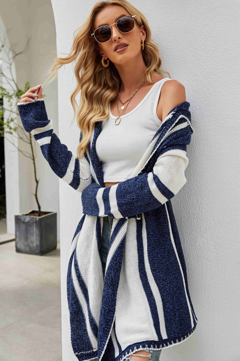Striped Open Front Hooded Cardigan BLUE ZONE PLANET