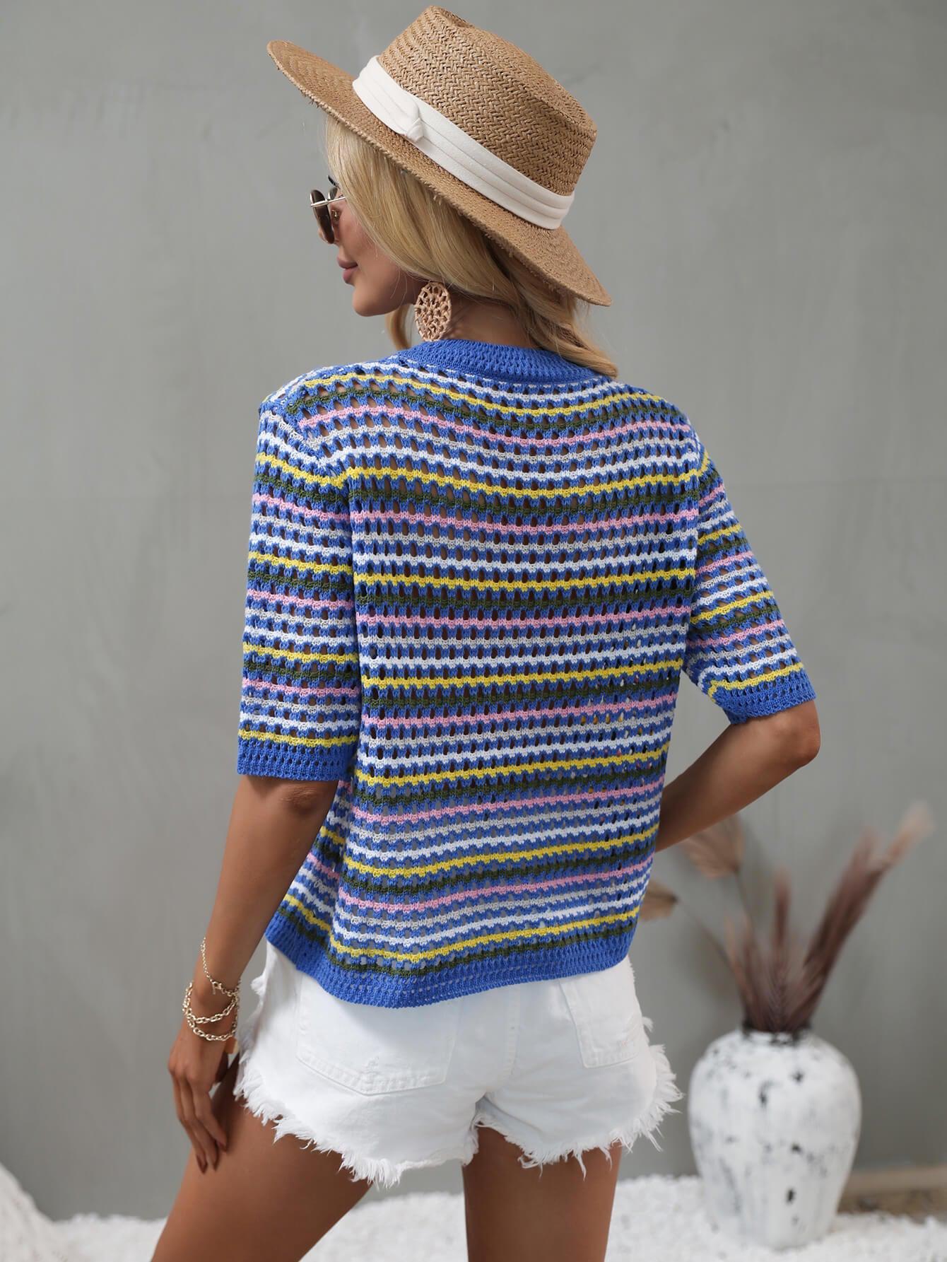 Striped Openwork Half Sleeve Knit Top BLUE ZONE PLANET