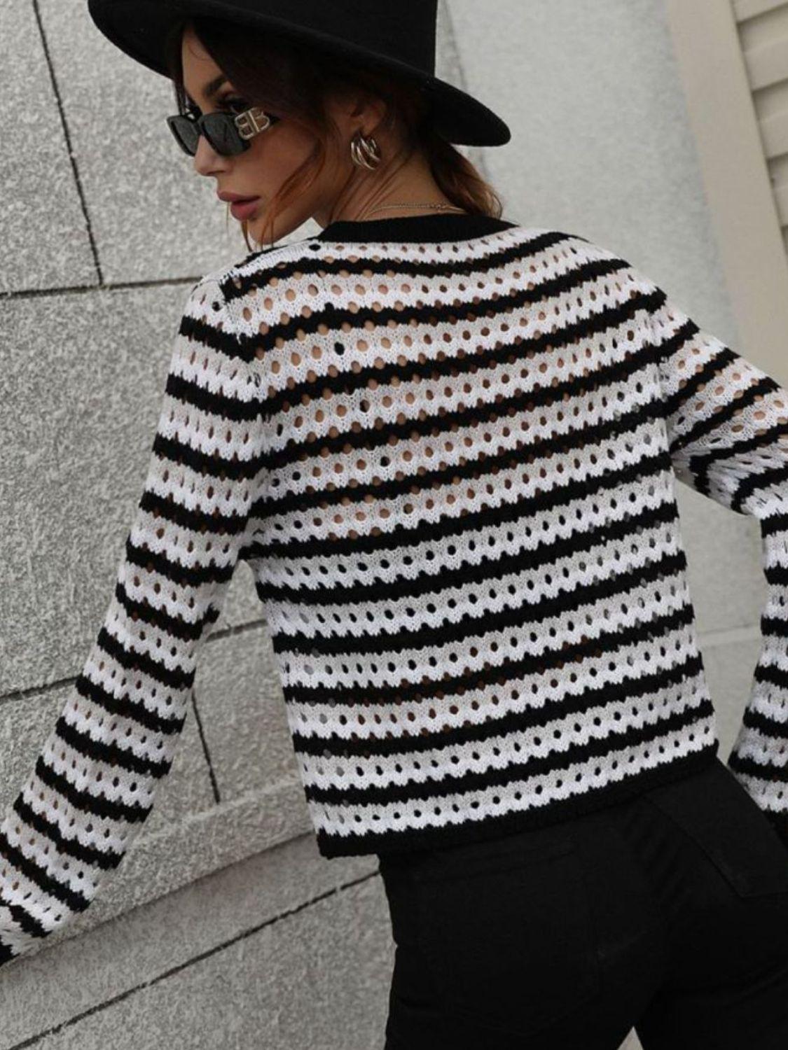 Striped Openwork Long-Sleeve Knit Pullover BLUE ZONE PLANET