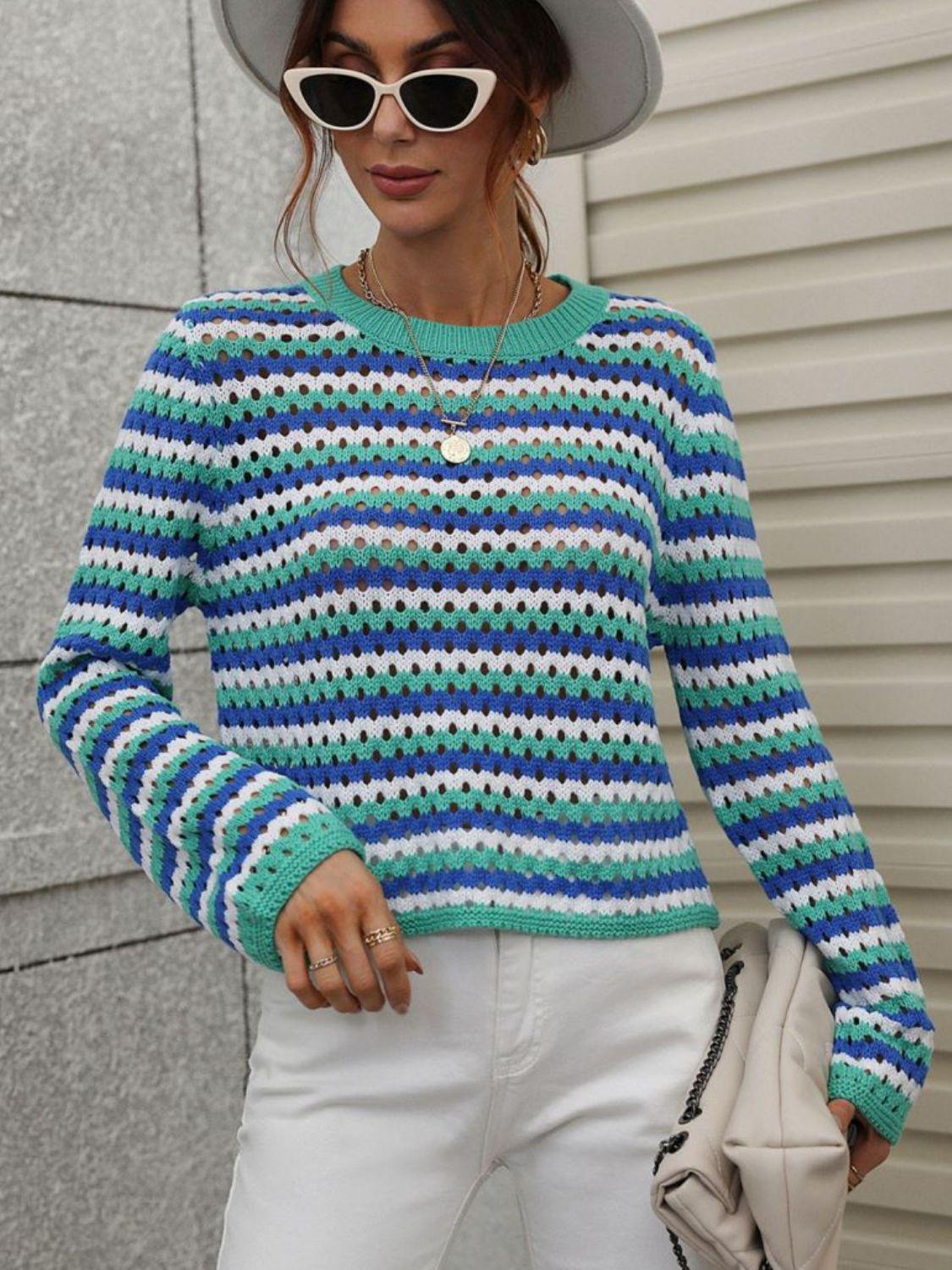 Striped Openwork Long-Sleeve Knit Pullover BLUE ZONE PLANET