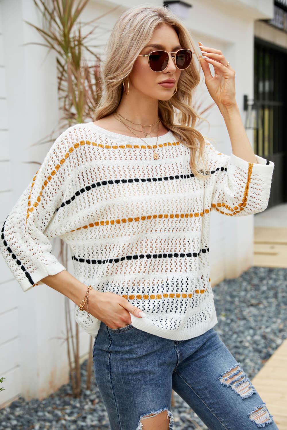 Striped Openwork Three-Quarter Sleeve Knit Top BLUE ZONE PLANET