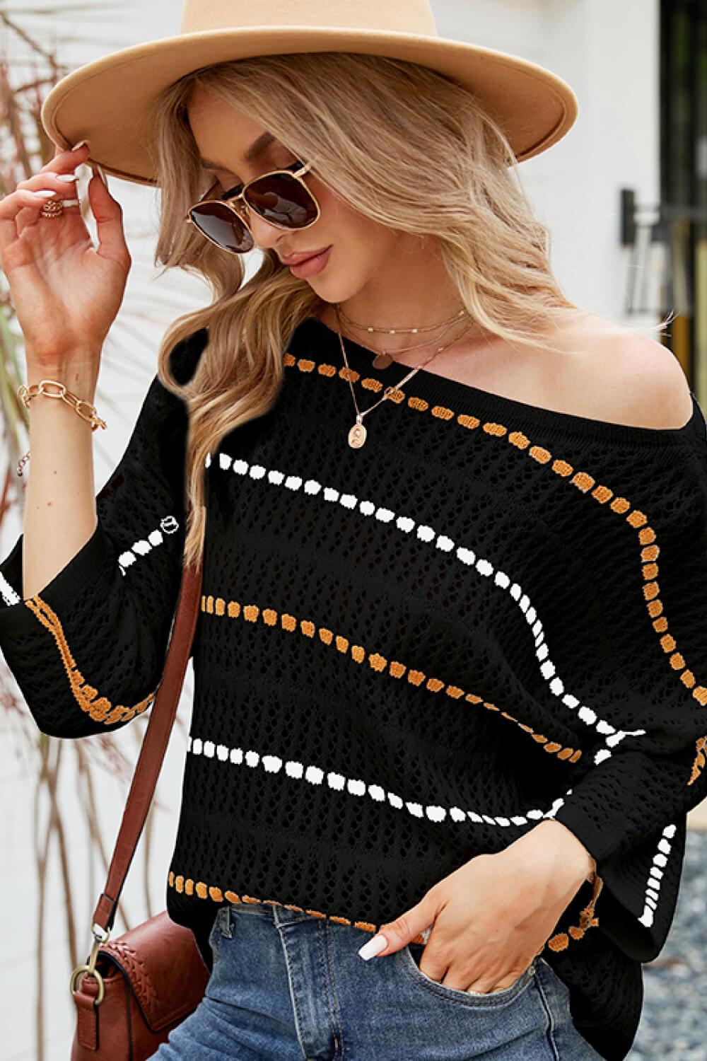 Striped Openwork Three-Quarter Sleeve Knit Top-TOPS / DRESSES-[Adult]-[Female]-2022 Online Blue Zone Planet