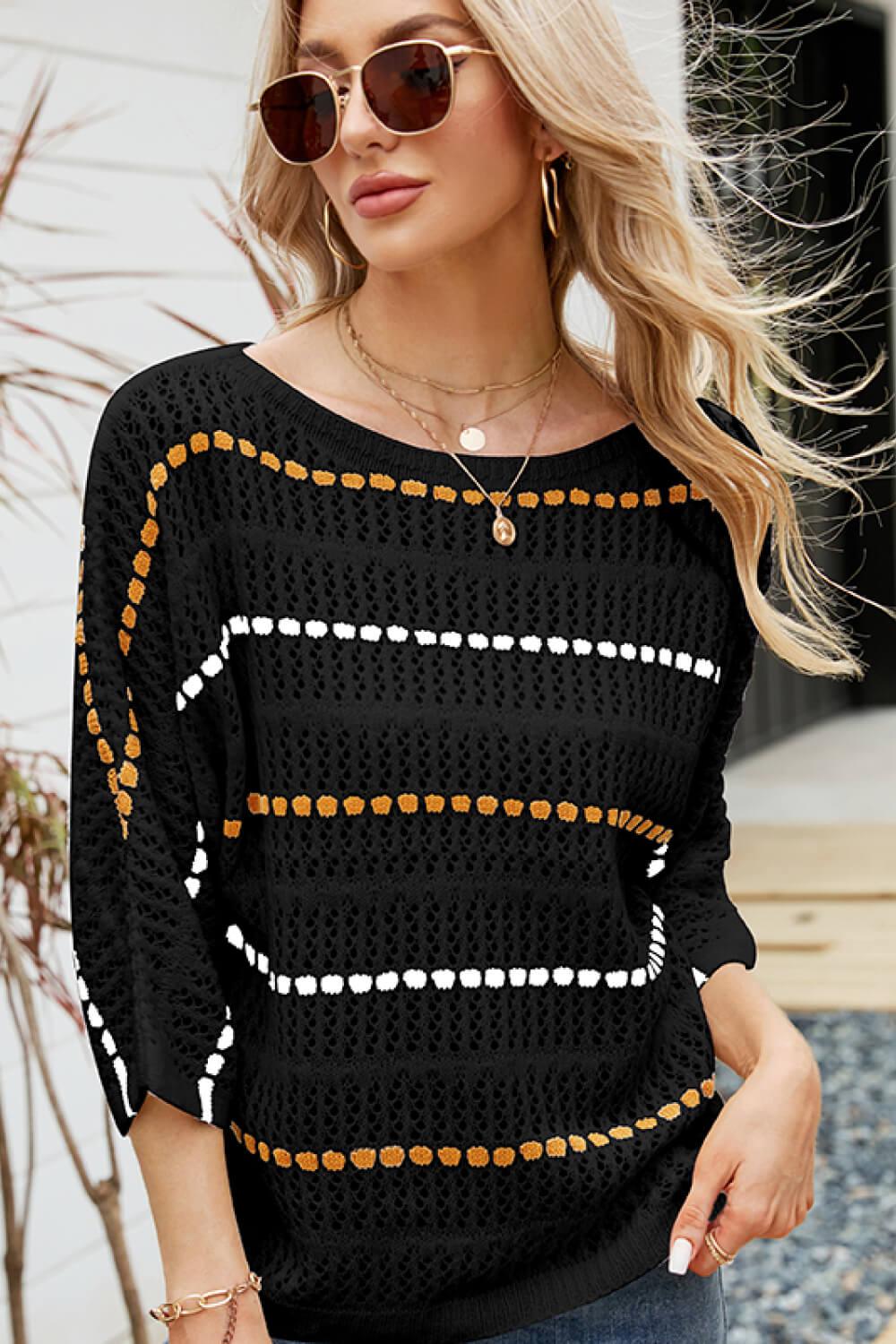 Striped Openwork Three-Quarter Sleeve Knit Top-TOPS / DRESSES-[Adult]-[Female]-Black-S-2022 Online Blue Zone Planet