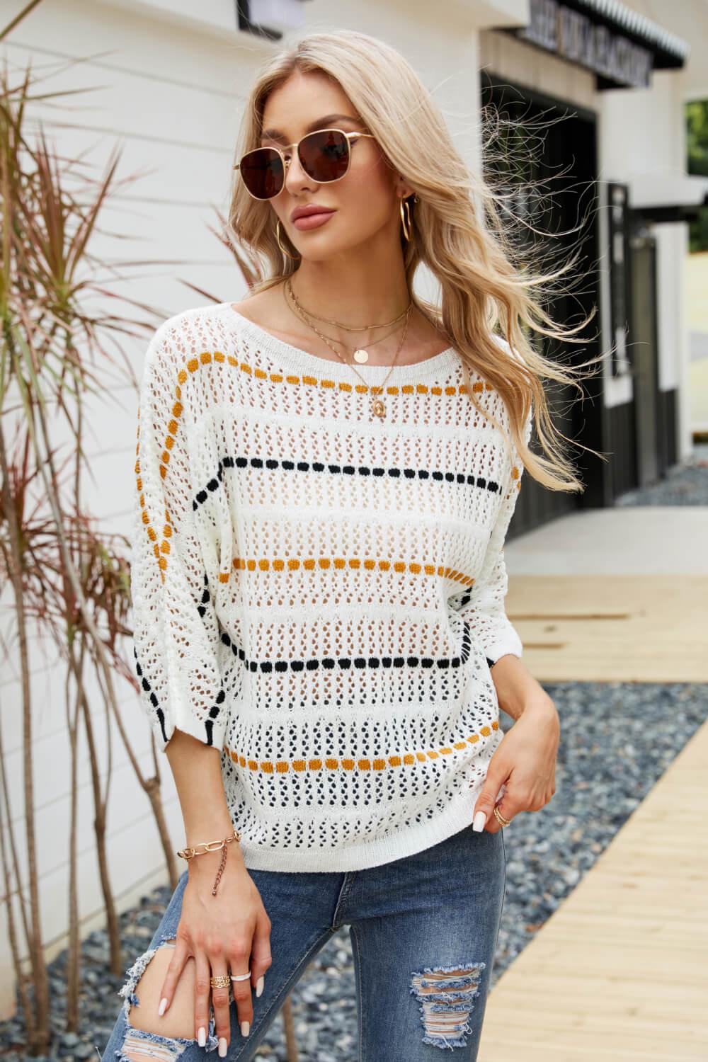 Striped Openwork Three-Quarter Sleeve Knit Top-TOPS / DRESSES-[Adult]-[Female]-White-S-2022 Online Blue Zone Planet