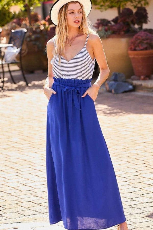 Striped Print Cami Sol Top Hi-waist Skirt Side Pocket Maxi Dress Blue Zone Planet