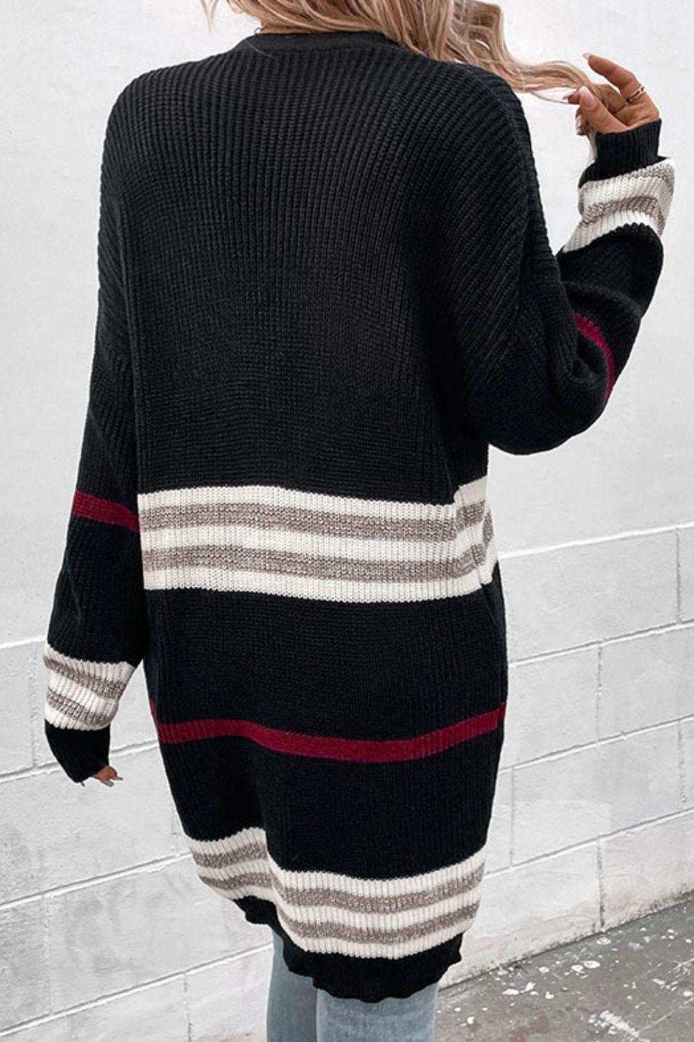 Striped Rib-Knit Drop Shoulder Open Front Cardigan BLUE ZONE PLANET