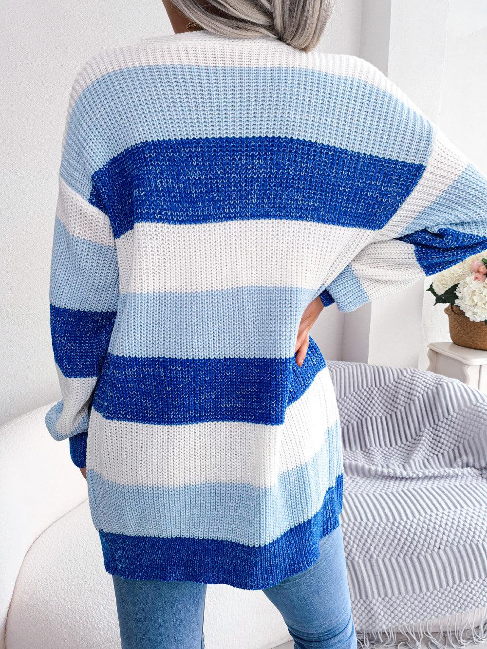 Striped Rib-Knit Open Front Longline Cardigan BLUE ZONE PLANET