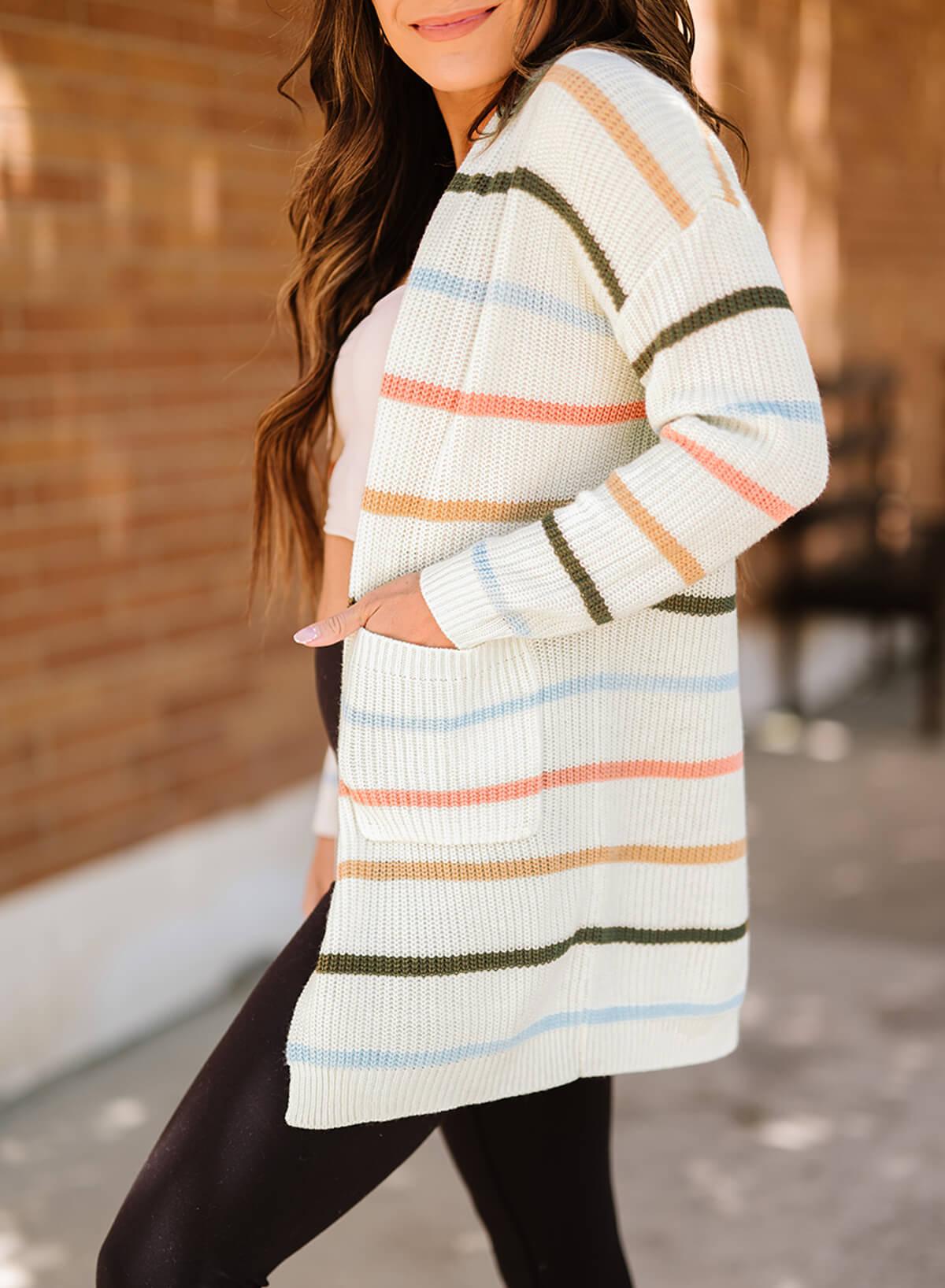 Striped Rib-Knit Open Front Pocketed Cardigan-TOPS / DRESSES-[Adult]-[Female]-2022 Online Blue Zone Planet