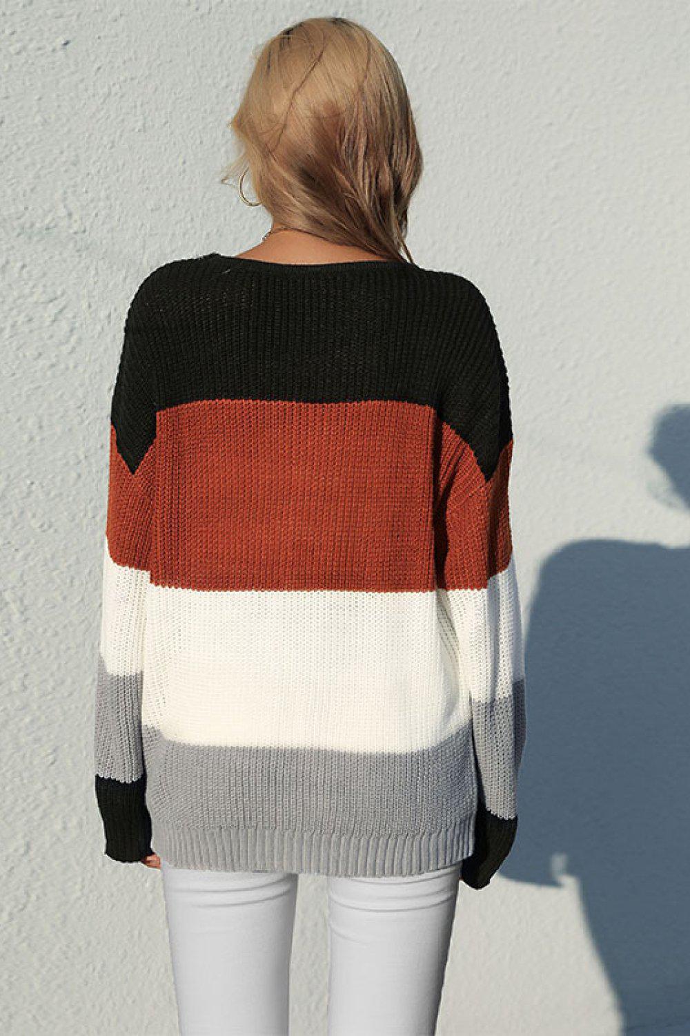 Striped Rib-Knit Pullover Sweater-TOPS / DRESSES-[Adult]-[Female]-Blue Zone Planet