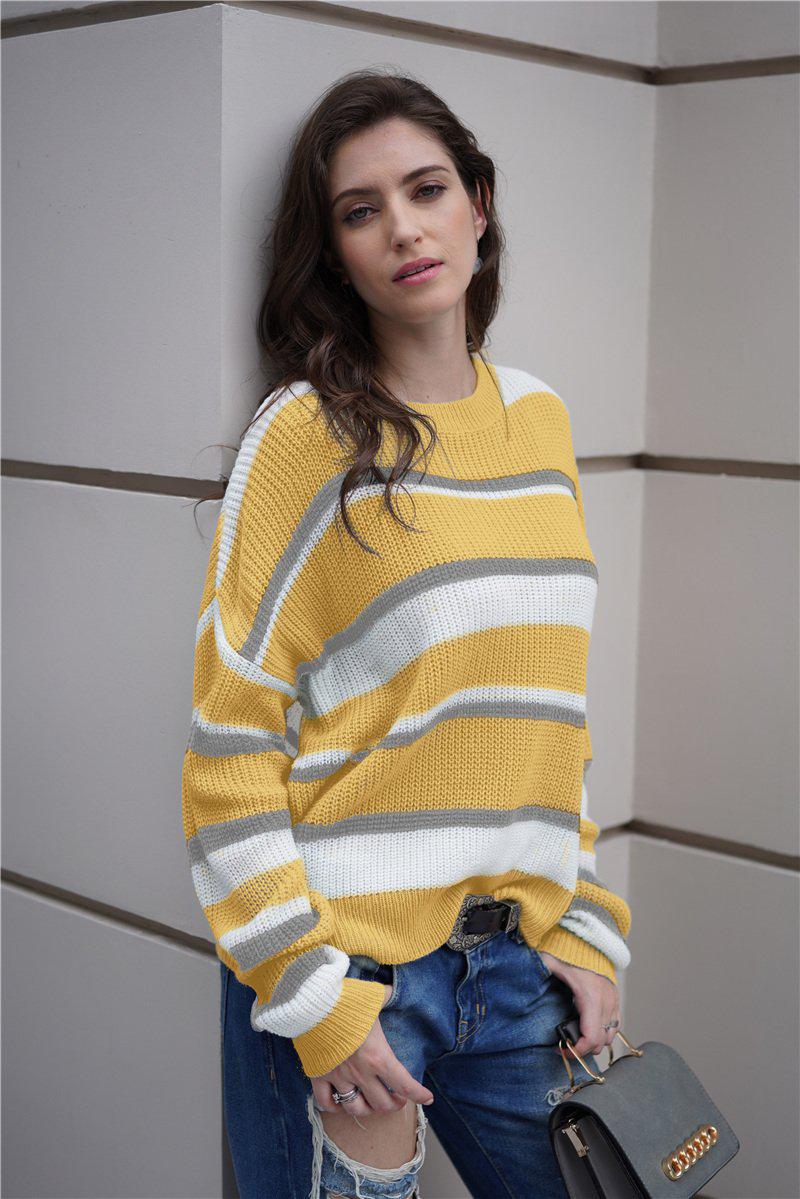 Striped Rib-Knit Round Neck Long Sleeve Sweater-TOPS / DRESSES-[Adult]-[Female]-Blue Zone Planet