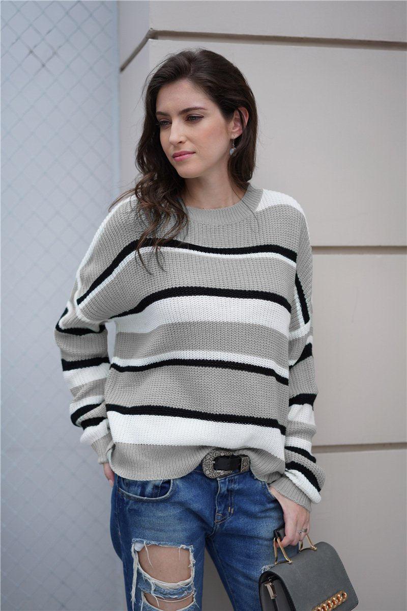 Striped Rib-Knit Round Neck Long Sleeve Sweater-TOPS / DRESSES-[Adult]-[Female]-Gray-S-Blue Zone Planet