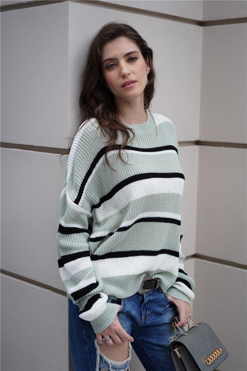 Striped Rib-Knit Round Neck Long Sleeve Sweater-TOPS / DRESSES-[Adult]-[Female]-Green-S-Blue Zone Planet